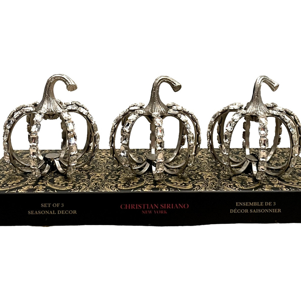 Christian Siriano Crystal Jeweled Metal Pumpkins Set of 3 Silver Halloween GLAM - Picture 2 of 13